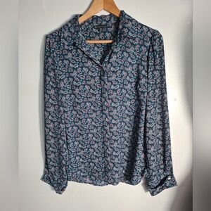 Brooks Brothers Blouse Women 10 Blue Paisley Ballon Sleeve Cufflink Work Office